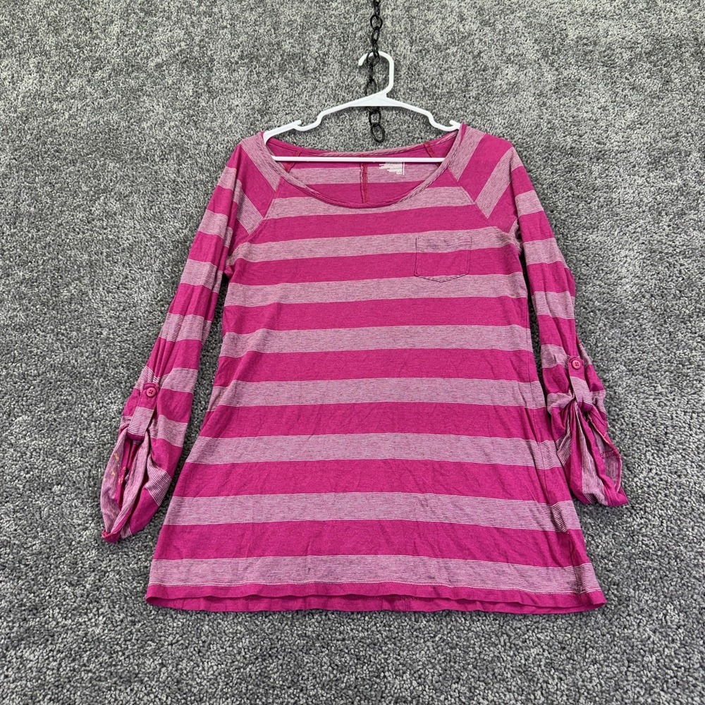 Old Navy Shirt Womens M Pink Striped Boat Neck Button Sleeve Tunic Jersey Casual
